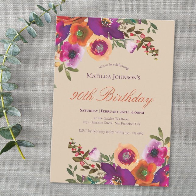 Convite de Aniversário para 90 de Queda Floral de  (Watercolor Floral Fall 90th Birthday Invitation)