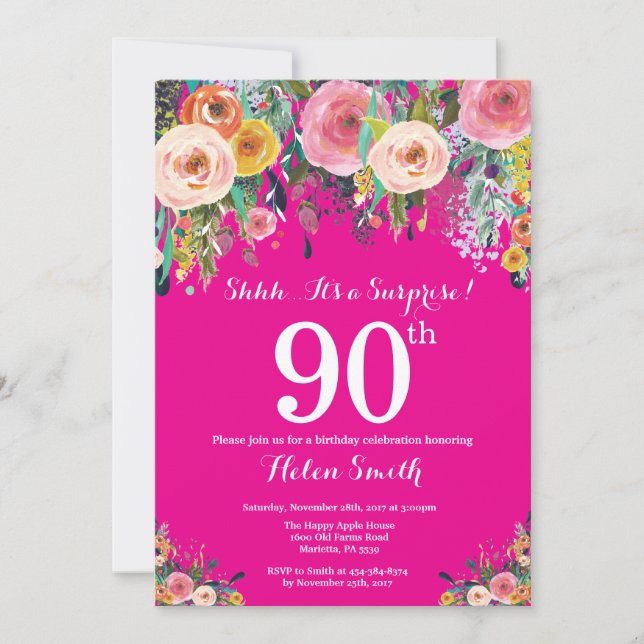 Convite de Aniversário para 90 de Surpresa Floral  (Frente)