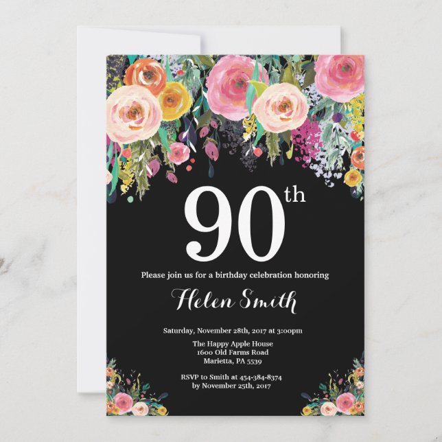 Convite de Aniversário para 90 Floral (Frente)