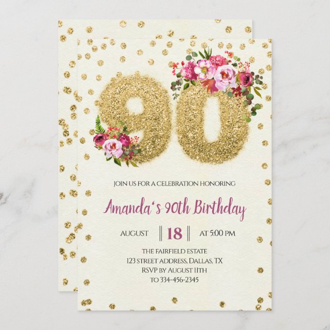 Convite de Aniversário para 90 Floral Dourada Glit (Frente/Verso)