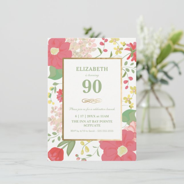 Convite de Aniversário para 90 - Floral Dourado, E (Em pé/Frente)