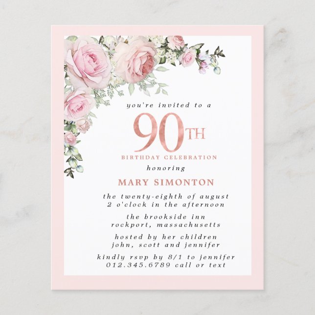 Convite de Aniversário para 90 Floral Rosa de Orça (Frente)