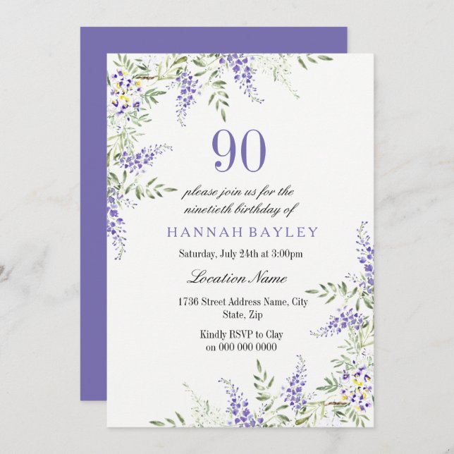 Convite de aniversário para 90 Roxo Elegante (Frente/Verso)