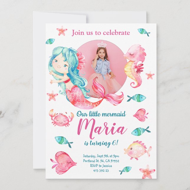 Convite de Aniversário para a Menina de Sereia Ros (Frente)
