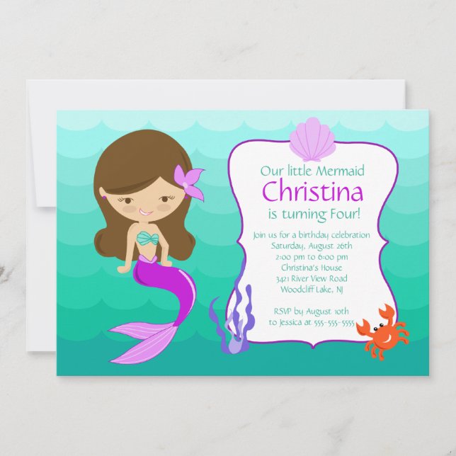 Convite de Aniversário para a Sereia de Brunette (Frente)