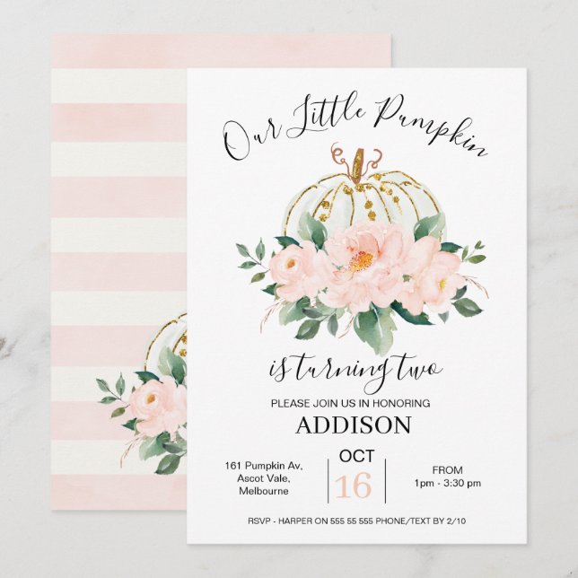 Convite de Aniversário para Abóbora Floral Dourada (Frente/Verso)