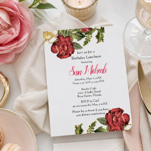 Convite de Aniversário para Almoço com Rosa Vermel