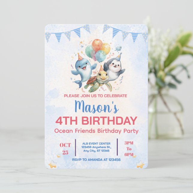 Convite de aniversário para amigos do oceano (Em pé/Frente)