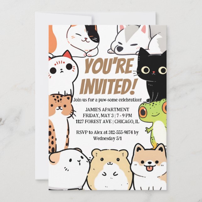 Convite de aniversário para animais de raça branca (Frente)