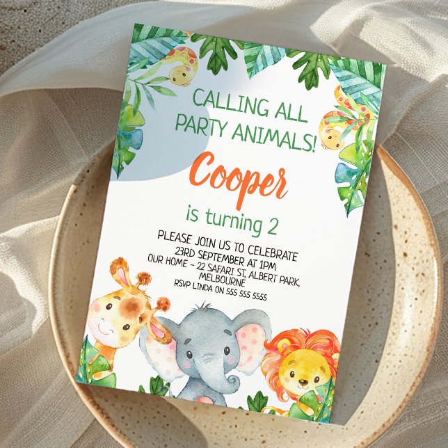 Convite de Aniversário para Animais Safari de Um P (Safari Themed Birthday Invitation Boy, Wild One, Calling All Party Animals, Cute Jungle Animals )