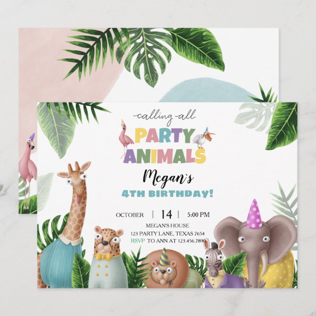Convite de Aniversário para Animais Tropicais (Frente/Verso)