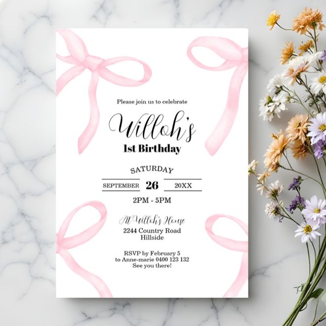 Convite de Aniversário para Arcos Coqueteiros Rosa (Coquette 1st Birthday invitation. Modern invitation with watercolor baby pink bows)