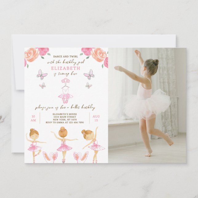 Convite de aniversário para Ballerina cor-de-rosa  (Frente)