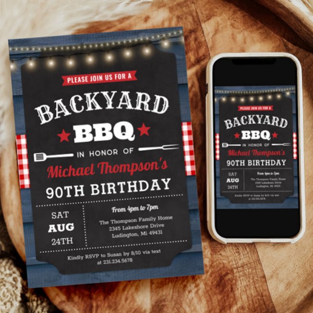 Convite de Aniversário para Barbecue 90 de Quintal (Backyard Barbecue 90th Birthday Invitation)