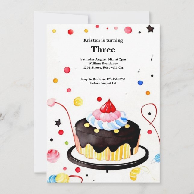 Convite De Aniversário Para Bolo De Aquarela (Frente)
