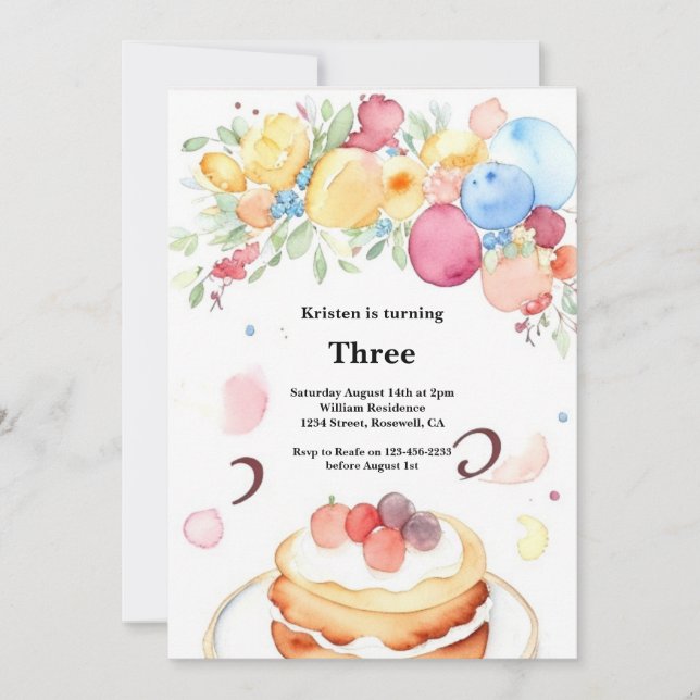 Convite De Aniversário Para Bolo De Aquarela (Frente)