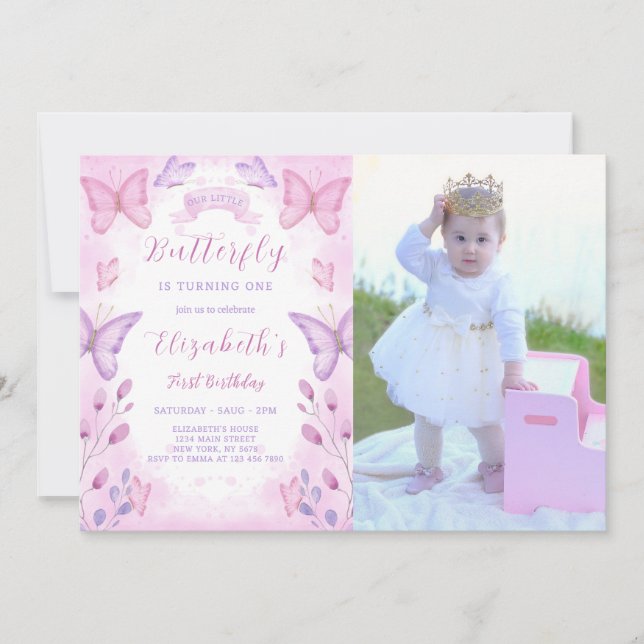 Convite De Aniversário Para Borboleta Roxa Com Fot (Frente)
