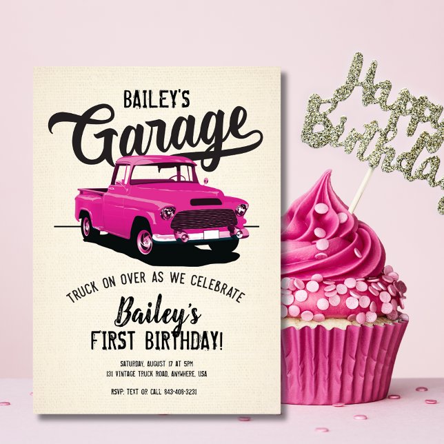 Convite de Aniversário para Caminhão de Viagem Ros (Cute Pink Vintage Truck Birthday Invitation)