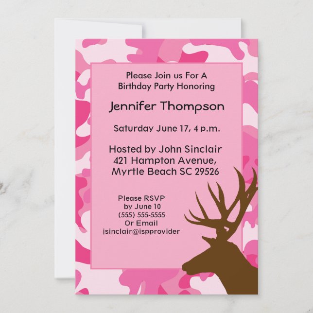Convite de aniversário para Camuflagem Rosa Deer H (Frente)