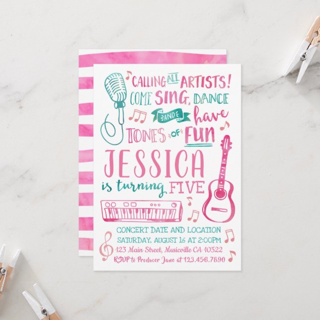 Convite de Aniversário para Cantora de Watercolor (Frente/Verso In Situ)