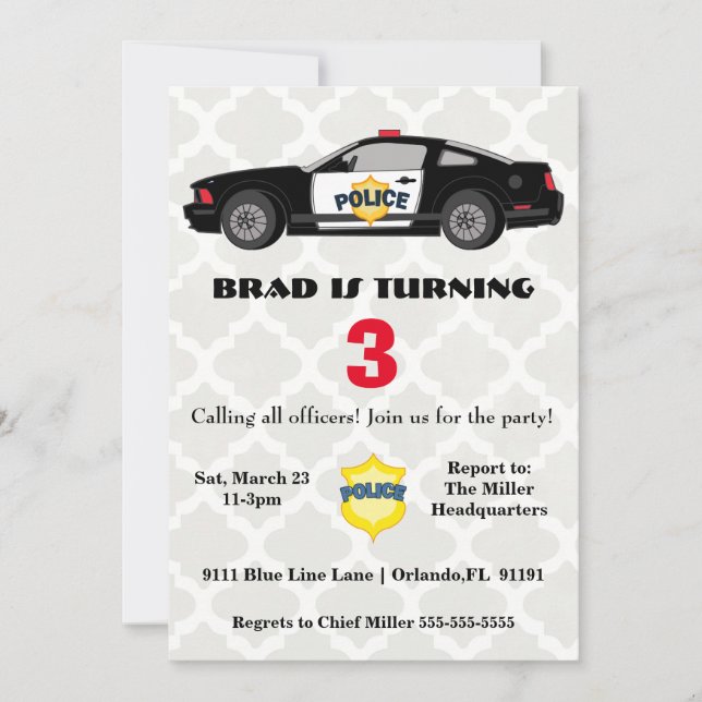Convite de Aniversário para Carro de Polícia Legal (Frente)
