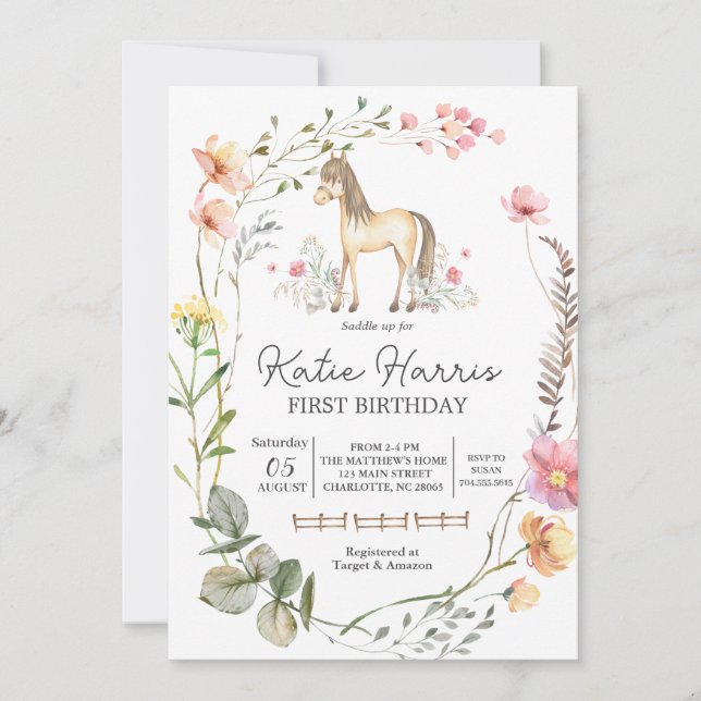 Convite de Aniversário para Cavalo de Flor Selvage (Frente)