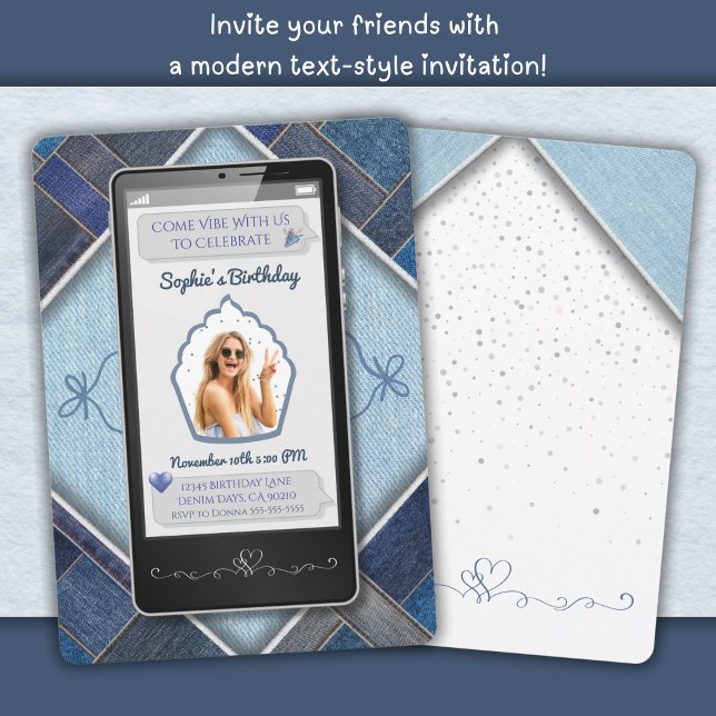 Convite de Aniversário para Celular em Denim Azul  (Trendy Blue Denim Cell Phone Birthday Invitation)