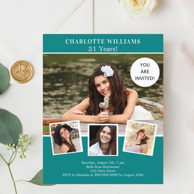 Convite de aniversário para colagem de fotos verde (Criador carregado)
