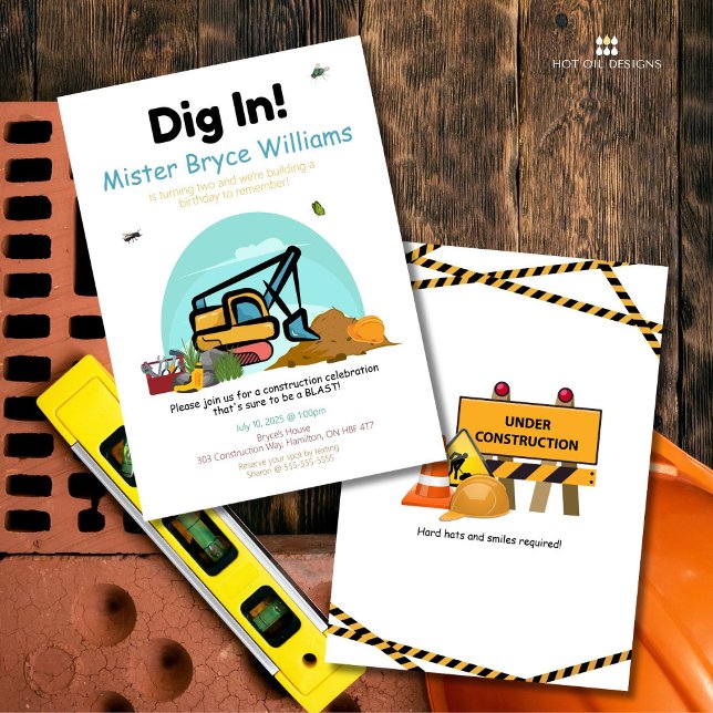 Convite De Aniversário Para Construção (Gear up and dig in with this fun-filled construction-themed invitation.)