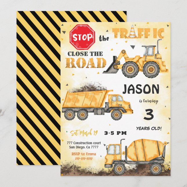 Convite de Aniversário para Construção Amarelo e P (Frente/Verso)