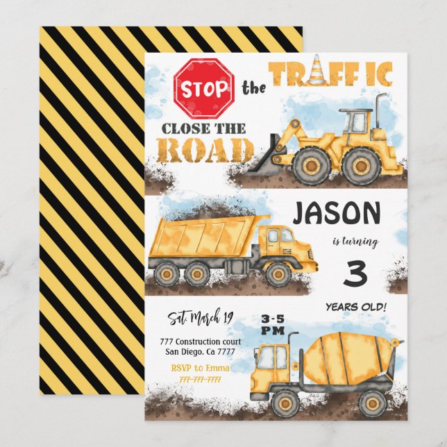 Convite de Aniversário para Construção Amarelo e P (Frente/Verso)