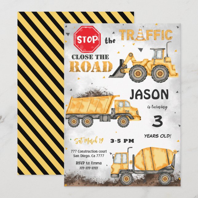 Convite de Aniversário para Construção em Preto e  (Frente/Verso)