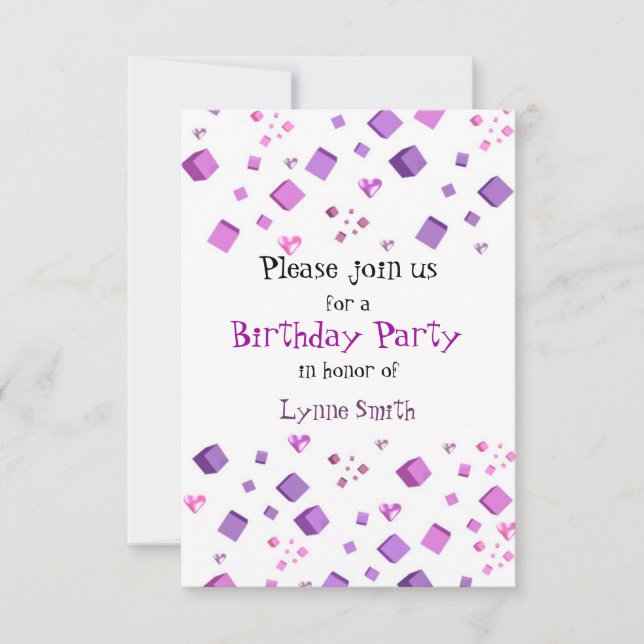 Convite de Aniversário para Corações e Cubos (Frente)