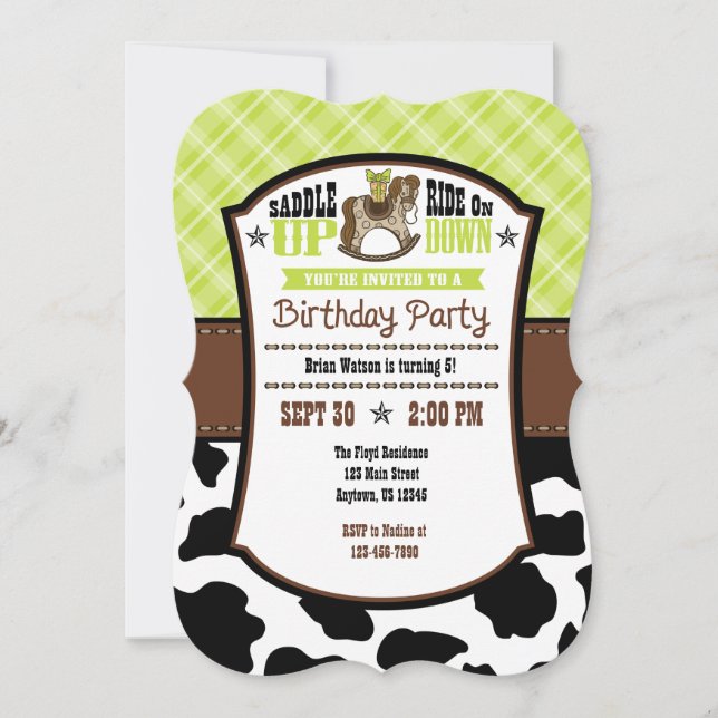 Convite de aniversário para cowboy cowhide Xadrez  (Frente)
