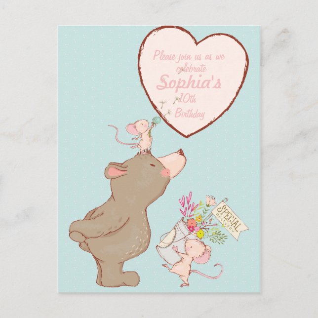 Convite de Aniversário para Crianças de Urso e Rat (Frente)