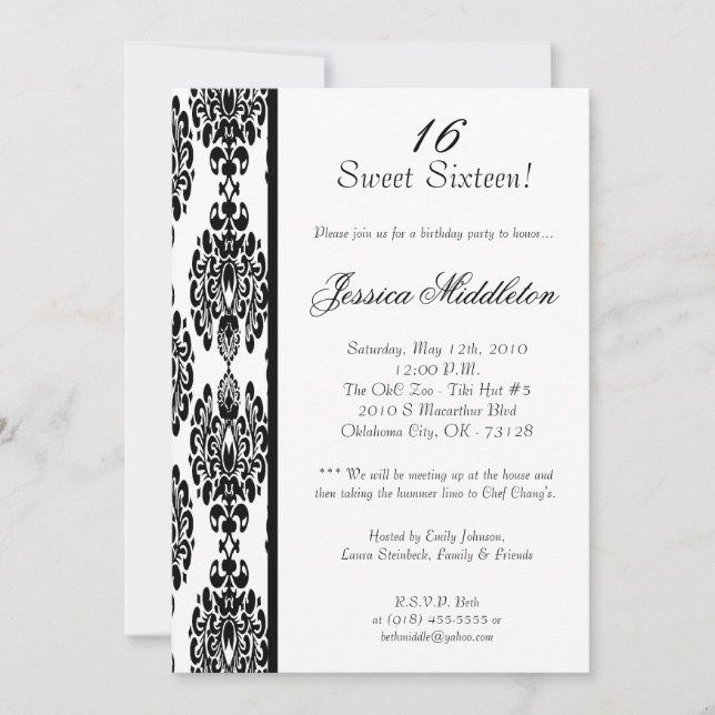Convite de aniversário para Damask Branco 5x7 (Frente)