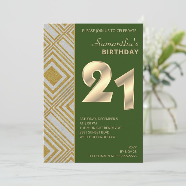 Convite de Aniversário para Deco de Arte Dourada e (Em pé/Frente)