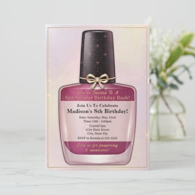 Convite de Aniversário para Dia de Spa de Esmalte (Em pé/Frente)