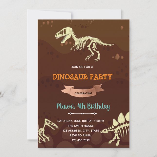 Convite de aniversário para dinossauros fósseis (Frente)
