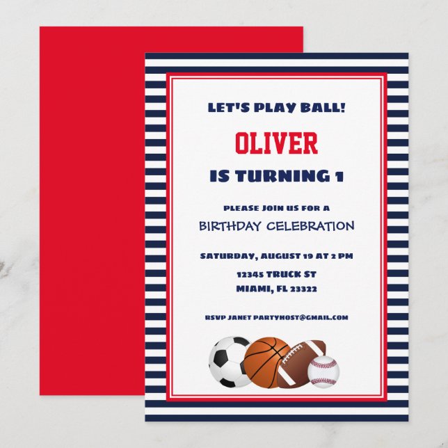 Convite de Aniversário para Esportes Vermelhos e A (Frente/Verso)