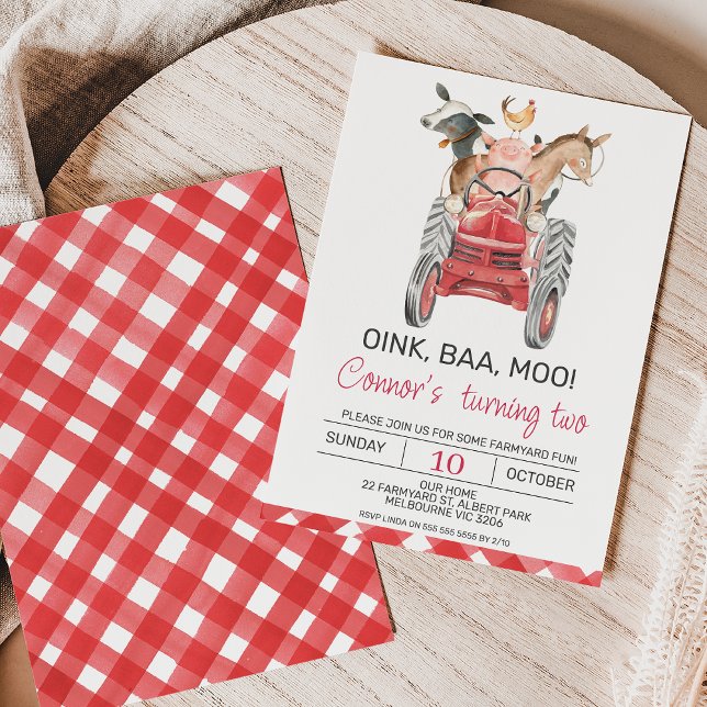 Convite de Aniversário para Fazendas Modernas de W (Modern farm themed birthday invitation featuring some cute farm animals and red tractor.)