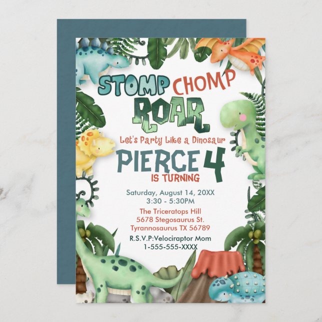 Convite de Aniversário para Festa como um Dinossau (Frente/Verso)