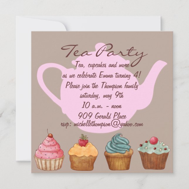 Convite de Aniversário para Festa de Chá de Cupcak (Frente)