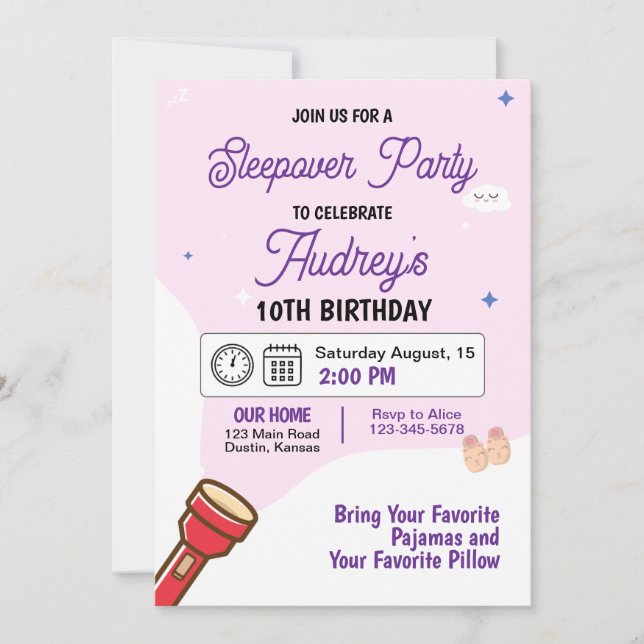 Convite de Aniversário para Festa de Pijamas com P (Frente)