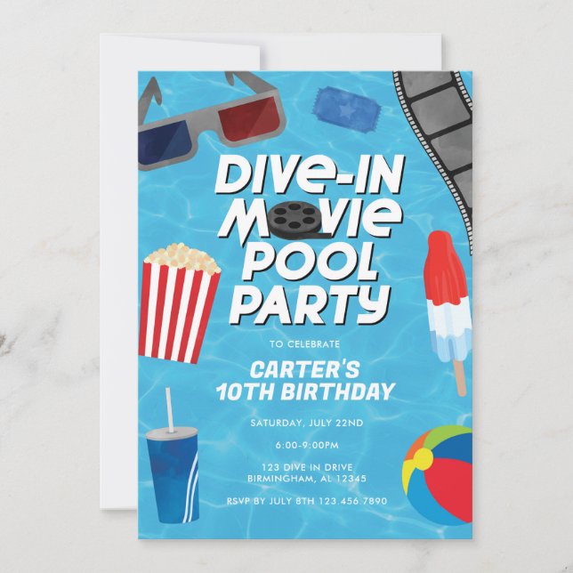 Convite de aniversário para festa de piscina com f (Frente)