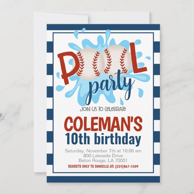 Convite de Aniversário para Festa de Piscina de Ba (Frente)