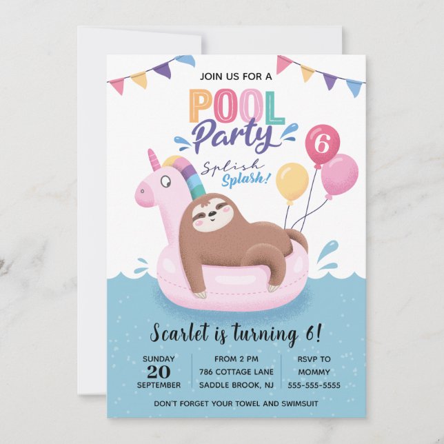 Convite de Aniversário para Festa de Piscina de La (Frente)