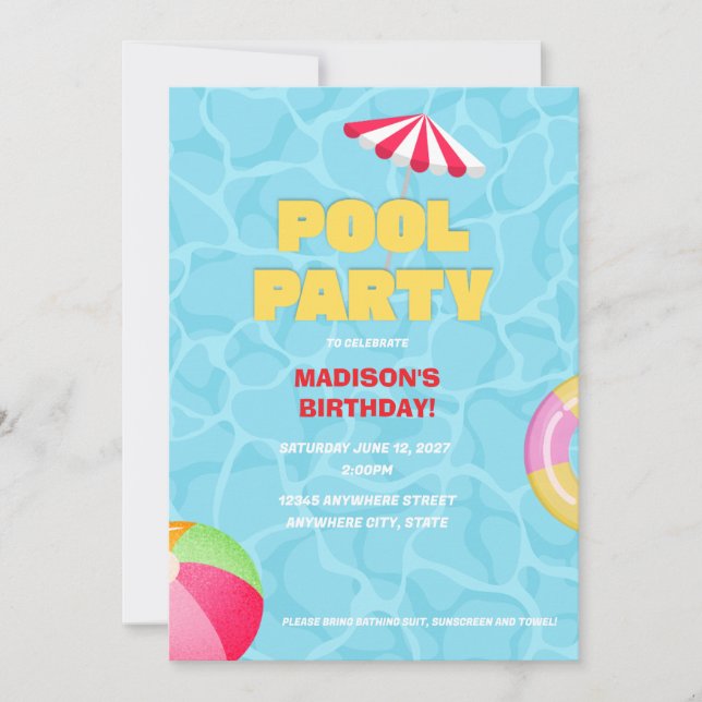 Convite de Aniversário para Festa de Piscina de Ve (Frente)