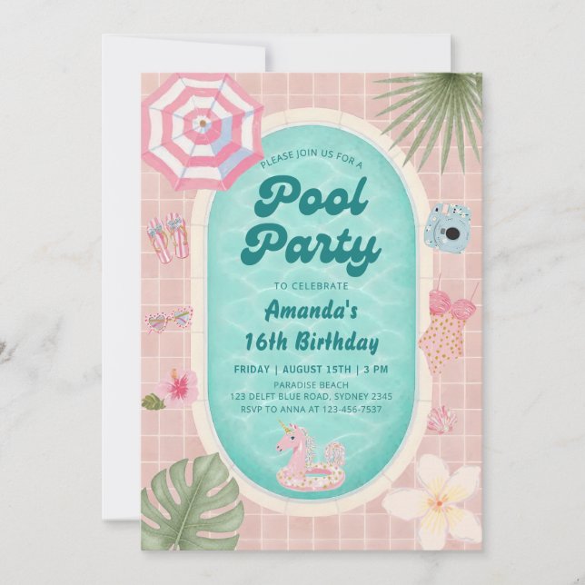 Convite de aniversário para festa de piscina de ve (Frente)