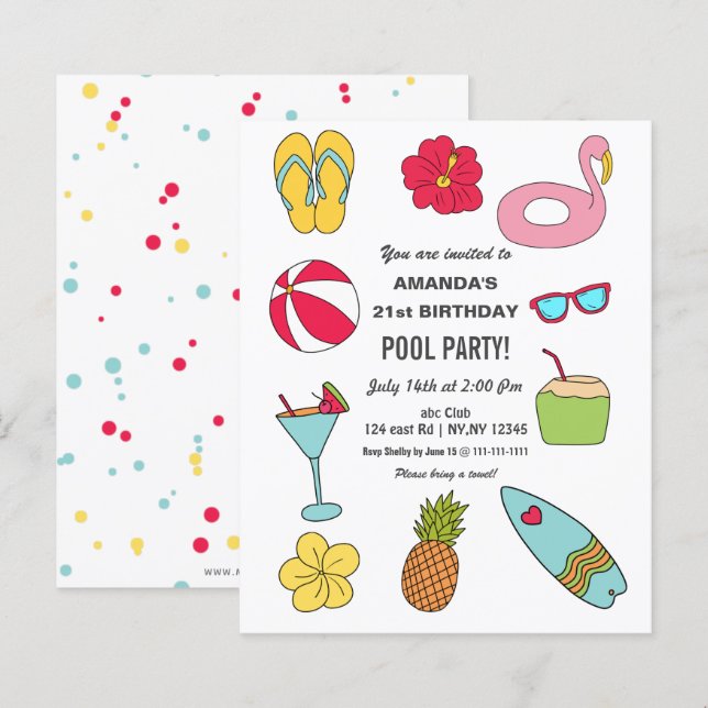 Convite de Aniversário para Festa de Piscina de Ve (Frente/Verso)